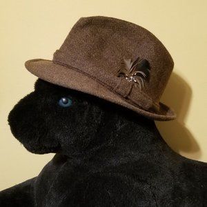 Brown tweed, Fedora hat & feather, M, L, vintage 80s, wool blend, unisex